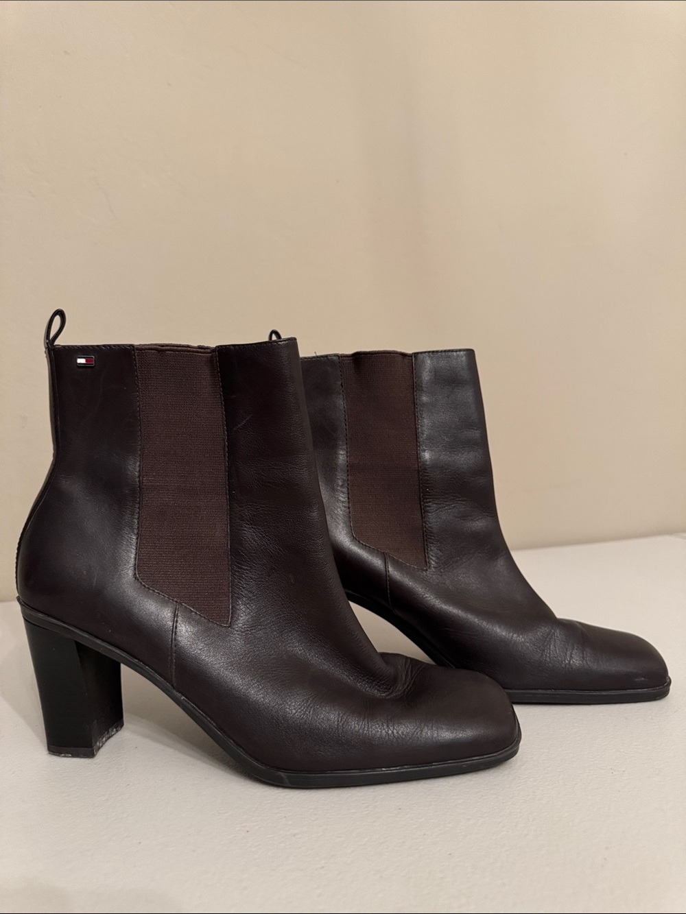 Tommy Hilfiger Dark Brown Leather Chelsea Block Heel Boots